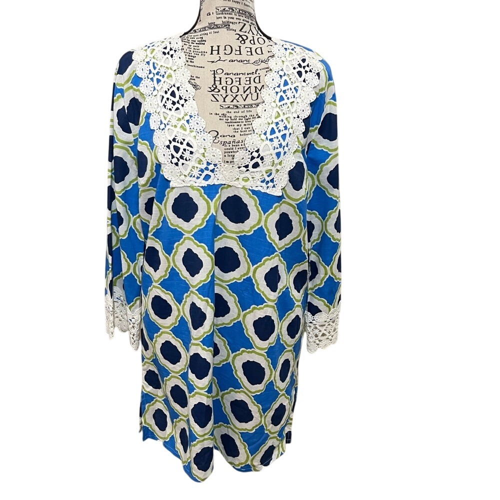 Mud Pie Blue and Green Blouse with Lace‎ Details